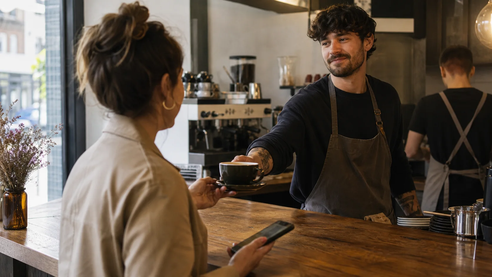 A café customer holding a phone while a barista hands over a coffee