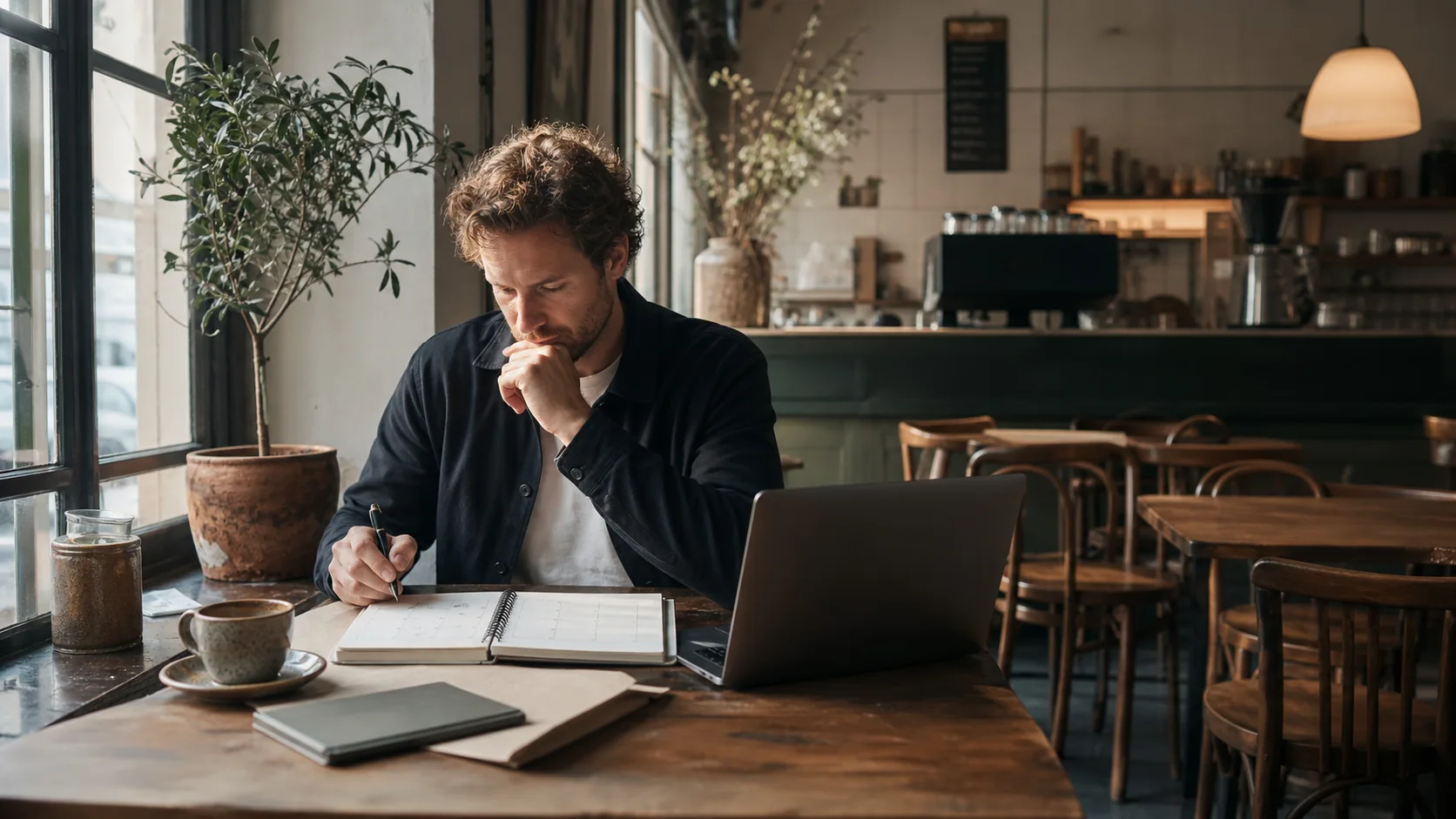 An independent café owner planning a marketing calendar before opening