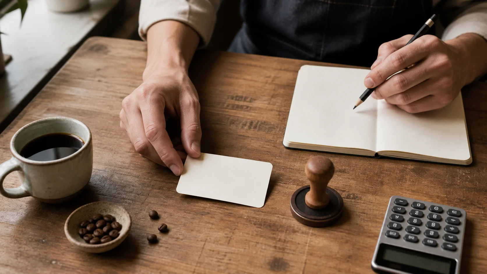 A café owner planning a loyalty card with a stamp, notebook and calculator