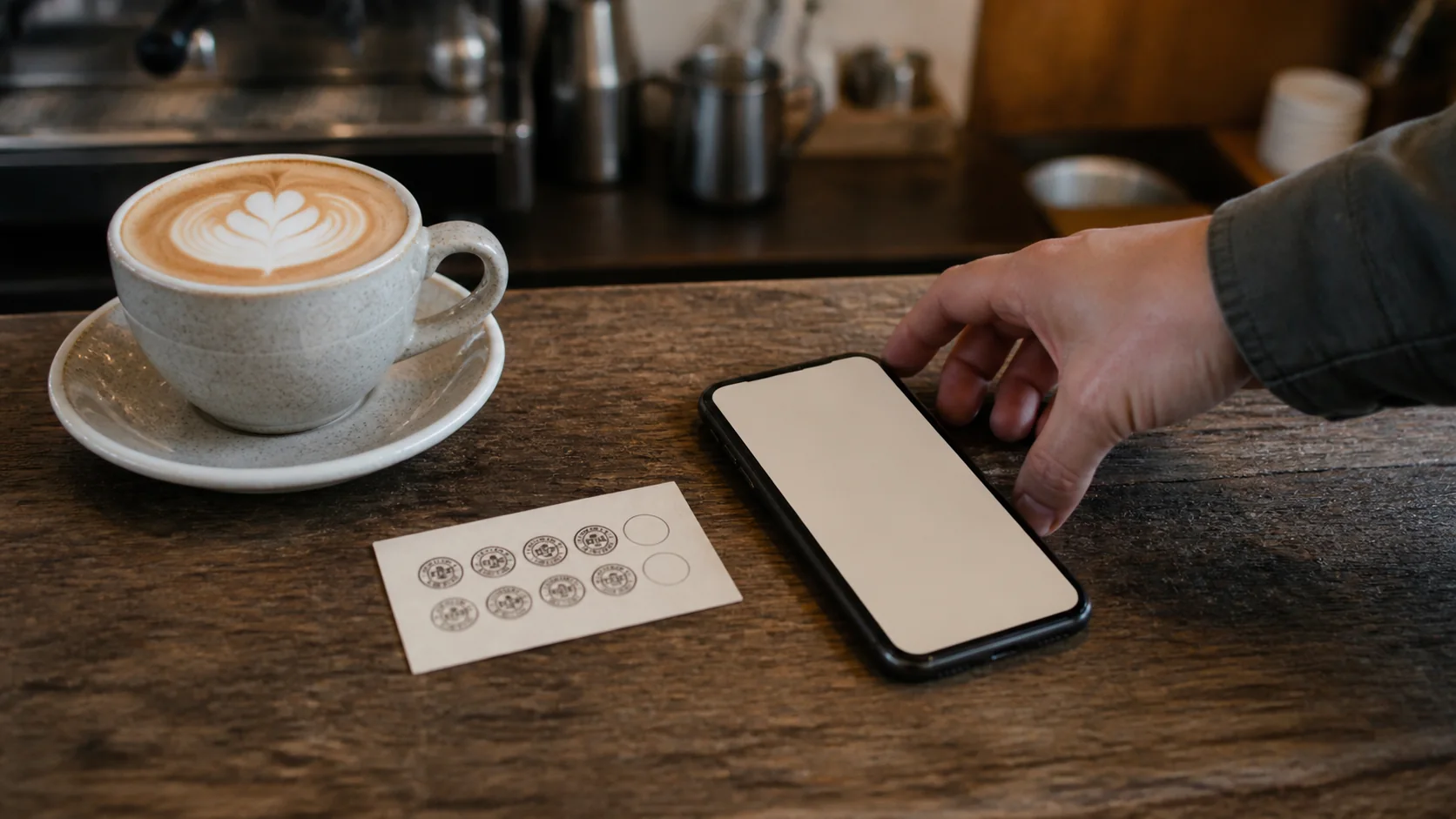 A paper coffee loyalty card and a smartphone side by side on a café counter
