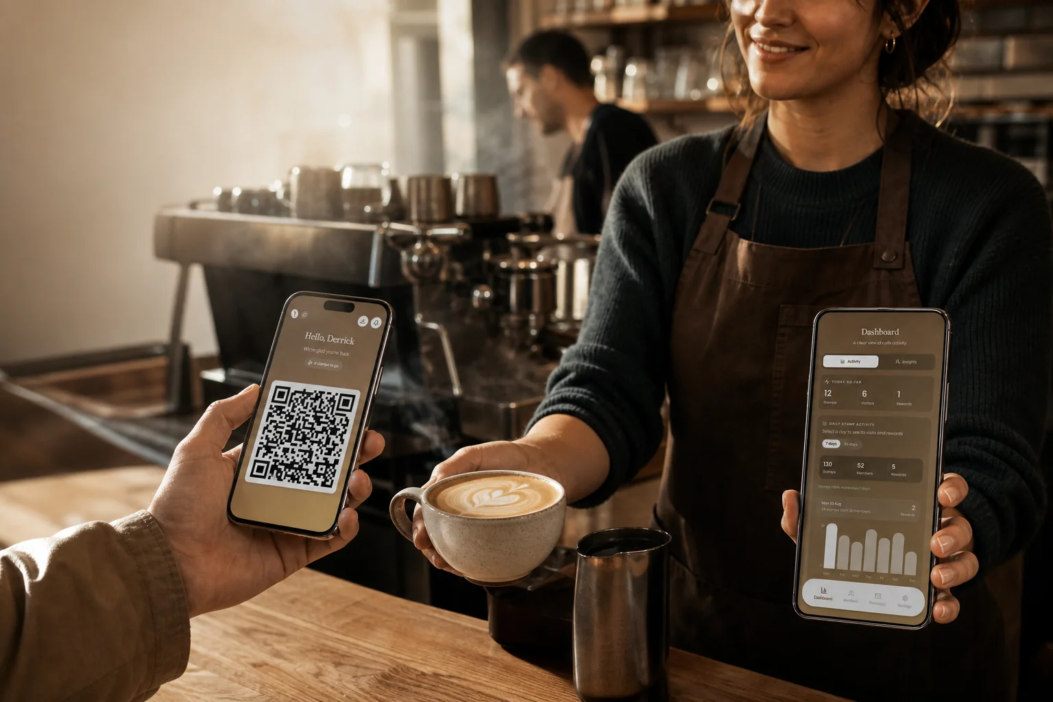 Customer and barista using Loytap during a coffee handover at an independent café