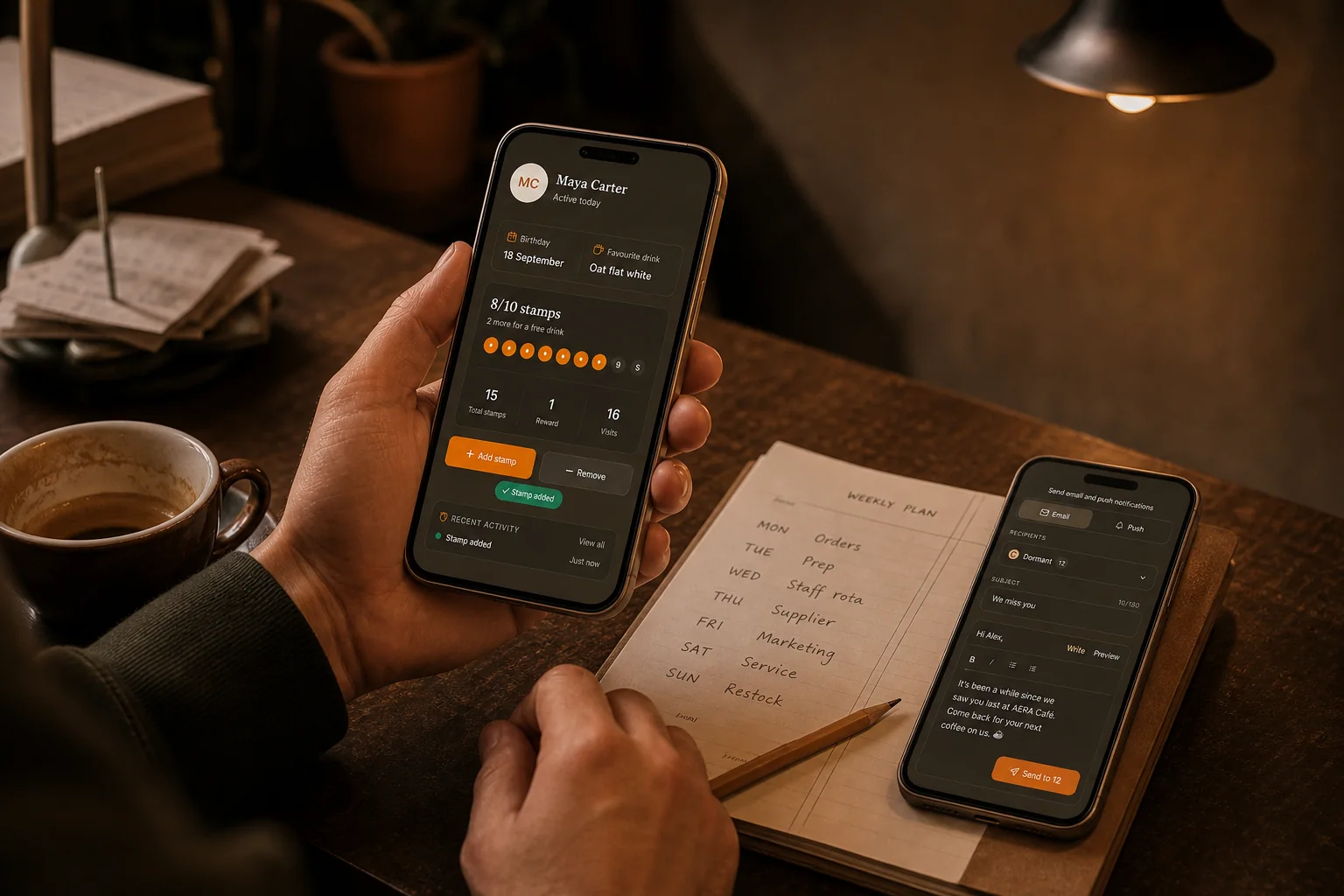 Café owner using Loytap customer profile and messaging screens while planning the week