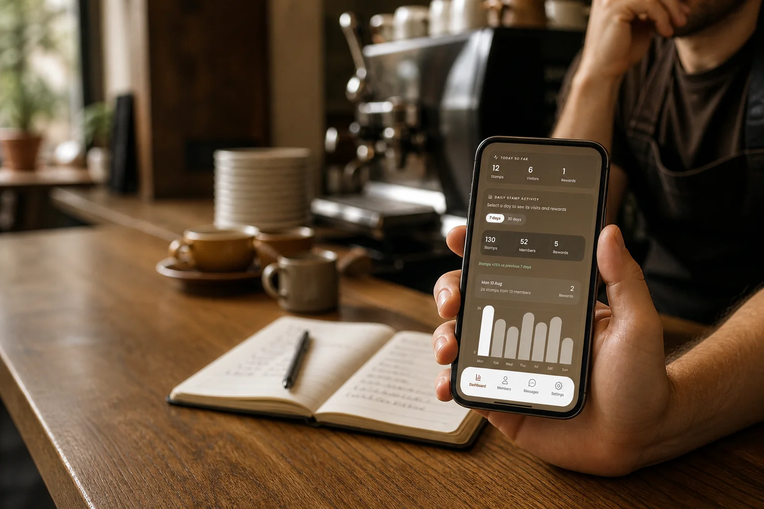 Café owner reviewing loyalty activity while planning the next customer visit