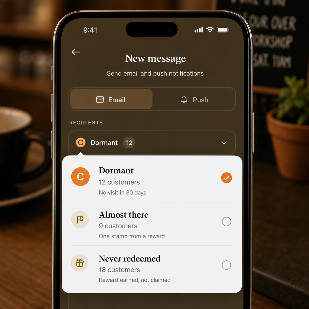 Close-up of the Loytap recipient picker showing dormant, almost-there and never-redeemed customer groups.