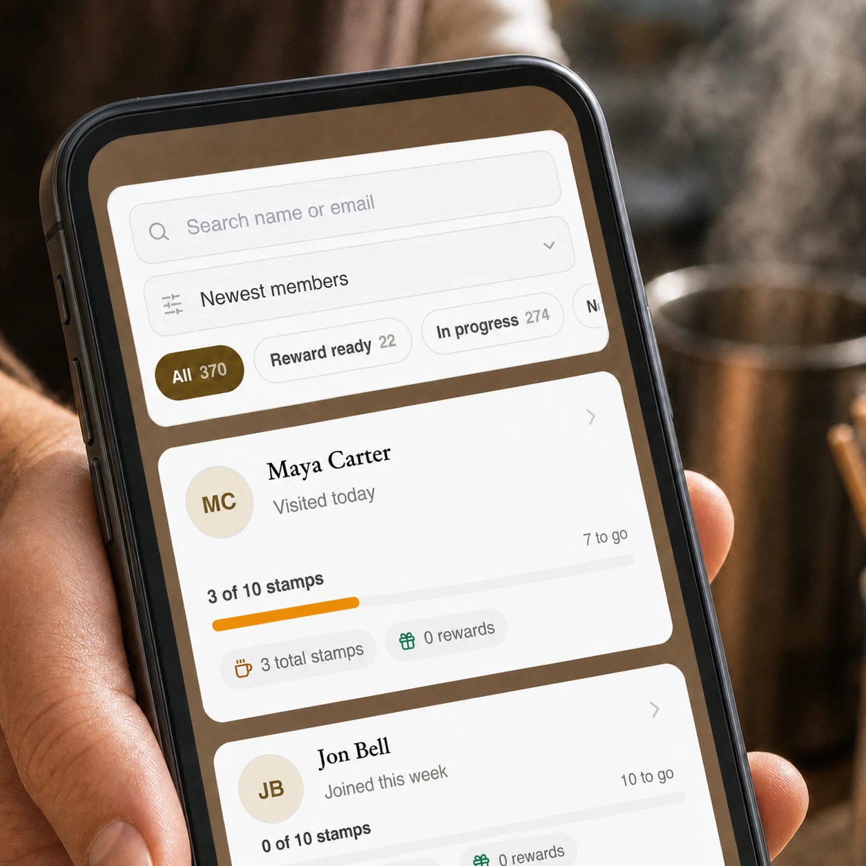 Close-up of the Loytap member search, filters and recent customer cards.