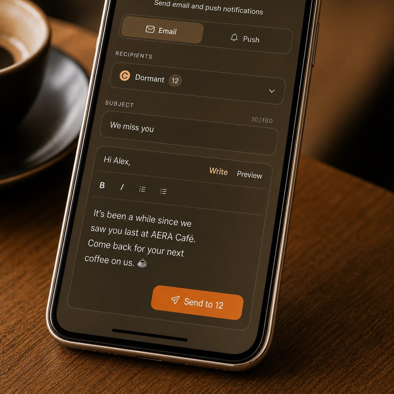 Close-up of a personalised Loytap message being written for dormant customers.